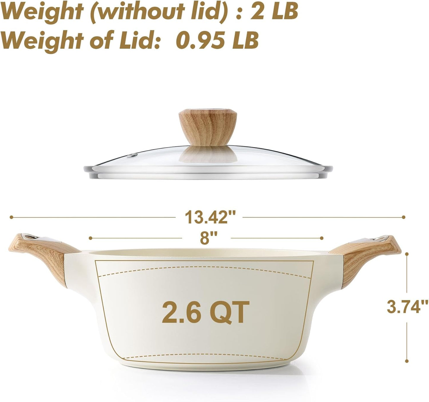SENSARTE Ceramic Nonstick Stock Pot with Lid, 2.6/4.5/6.6 QT Soup Pot Casserole Pot, Non-toxic Healthy Pasta Pot, Large Cooking Pot Stew Pot, Induction Compatible, PFOA PFAS PTFE Free, White