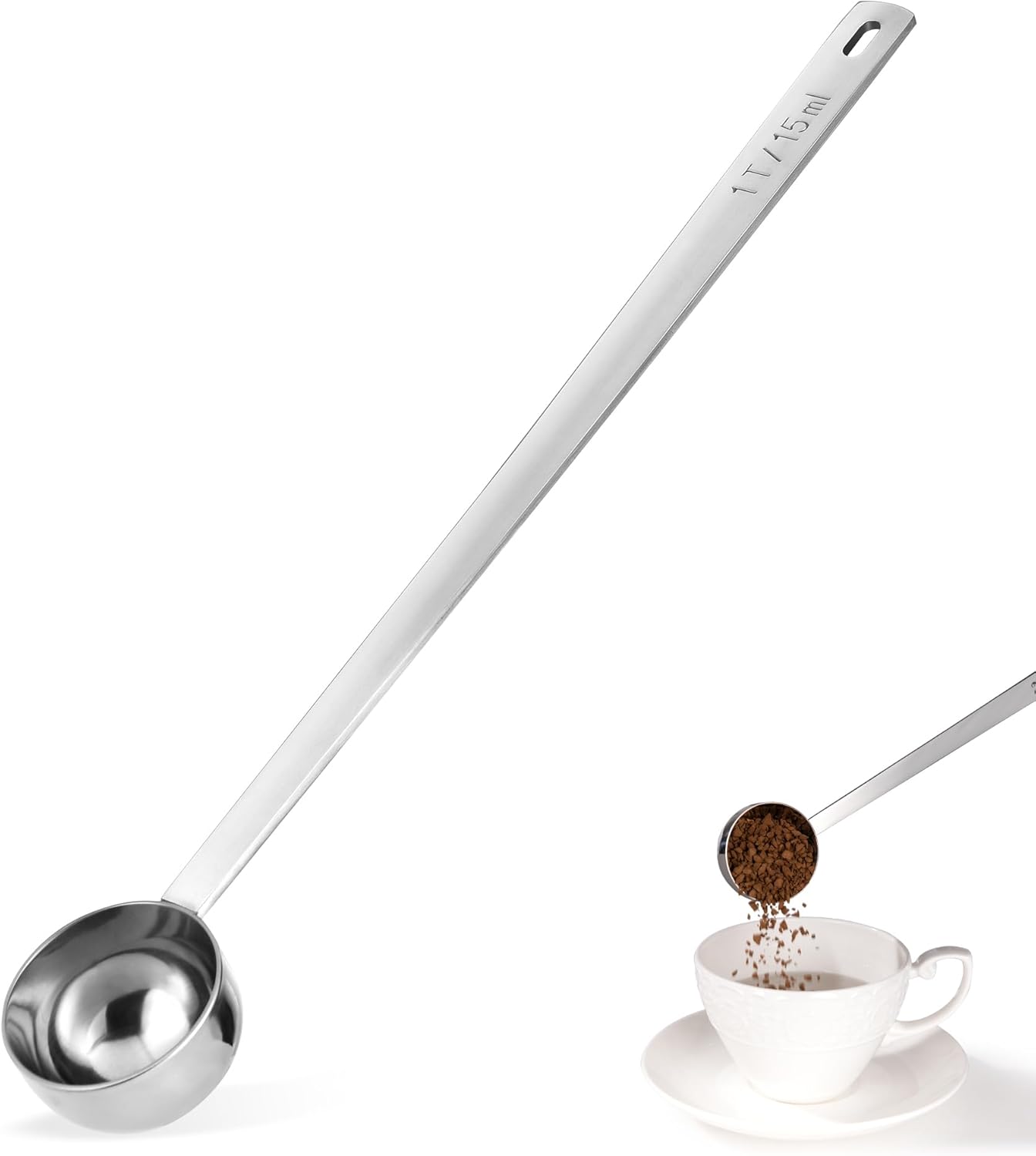 Long Handle Coffee Scoop, 18/8 Stainless Steel Food Grade Measuring Spoon for Coffee Beans Powders Sugar, 9.9in Long Metal Scoop Tablespoon for Easy Container Reach (1tbsp/ 15ml)
