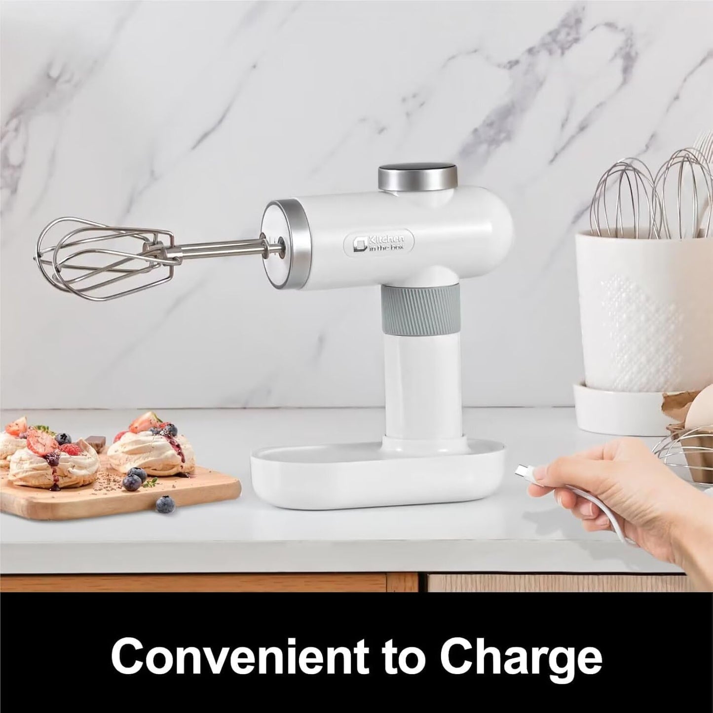Kitchen in the box Cordless Rechargeable Hand Mixer for Kitchen, Portable Handheld Electric Mixer with Beaters, Whisks, 6-Speed Digital Display, Charging Base and USB-C Charge Cable (Pearl White)