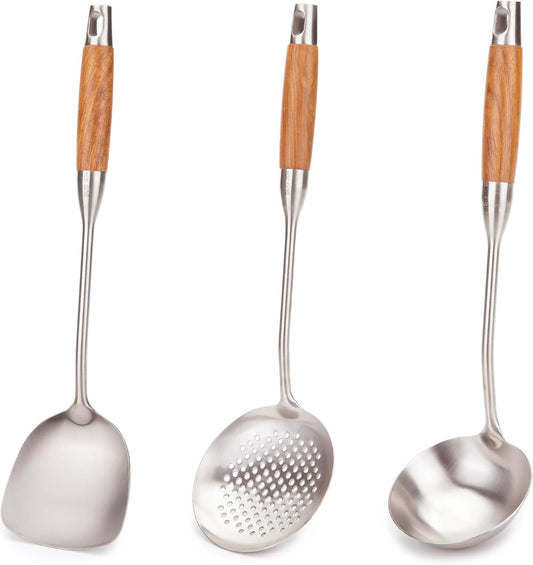 FJNATINH Wok Utensils - Wok tTools - Spatula and Ladle, Skimmer Spoon Set Metal 304 Stainless Steel Kitchen Cooking Utensils Sets, 3-Pieces Wok Tools, Wooden Handle 14-15 Inch