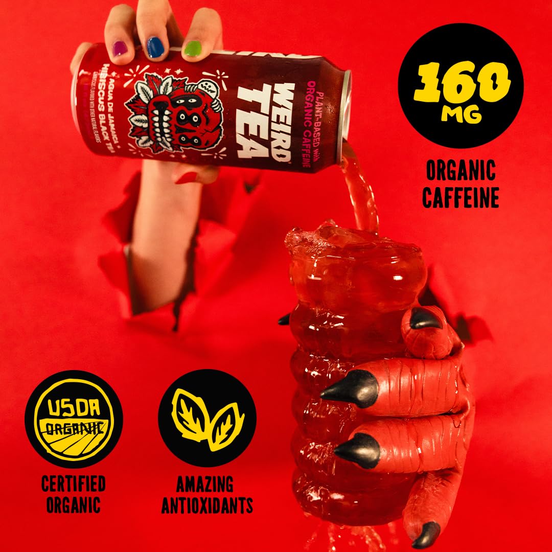 Drink Weird Organic Agua de Jamaica Hibiscus Black Tea – 16oz Cans, 160mg Organic Caffeine, Pack of 12 – Bold & Refreshing Energy Drink Alternative