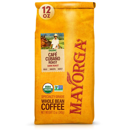Mayorga Organic Coffee 12oz Cafe Cubano Roast - Dark Roast Whole Bean Coffee Specialty Grade, 100% Arabica, Slow Roasted, Bold and Smooth Flavor with Low Acidity - USDA Organic, Non-GMO, Kosher,