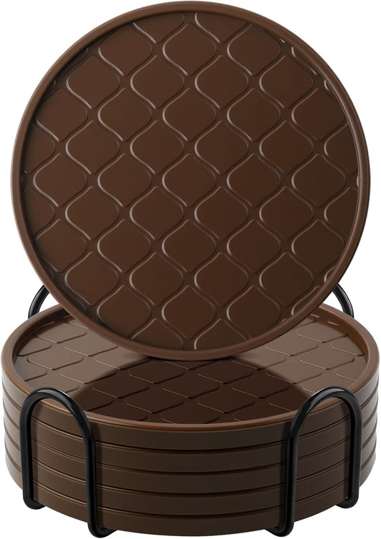 Coasters Set of 6,Hot or Cold Drink Coasters with Holder,Modern Style Coffee Table Coaster,Suitable for Kinds Cups Beer,Drink,Anti-Overflow Tabletop Protection(Coffee, 6pcs)