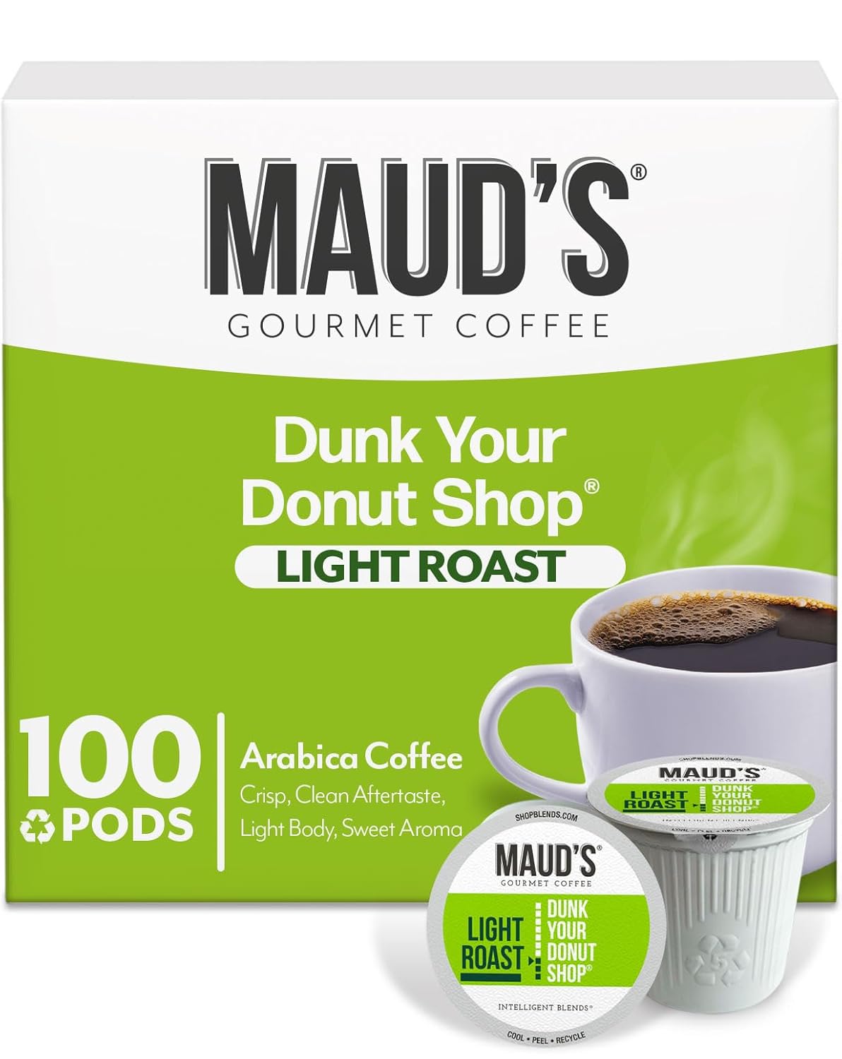 Maud's Donut Shop Coffee Pods, 100 ct, Light Roast Recyclable Single Serve Pods – 100% Arabica Coffee, Compatible with Keurig K Cups Maker
