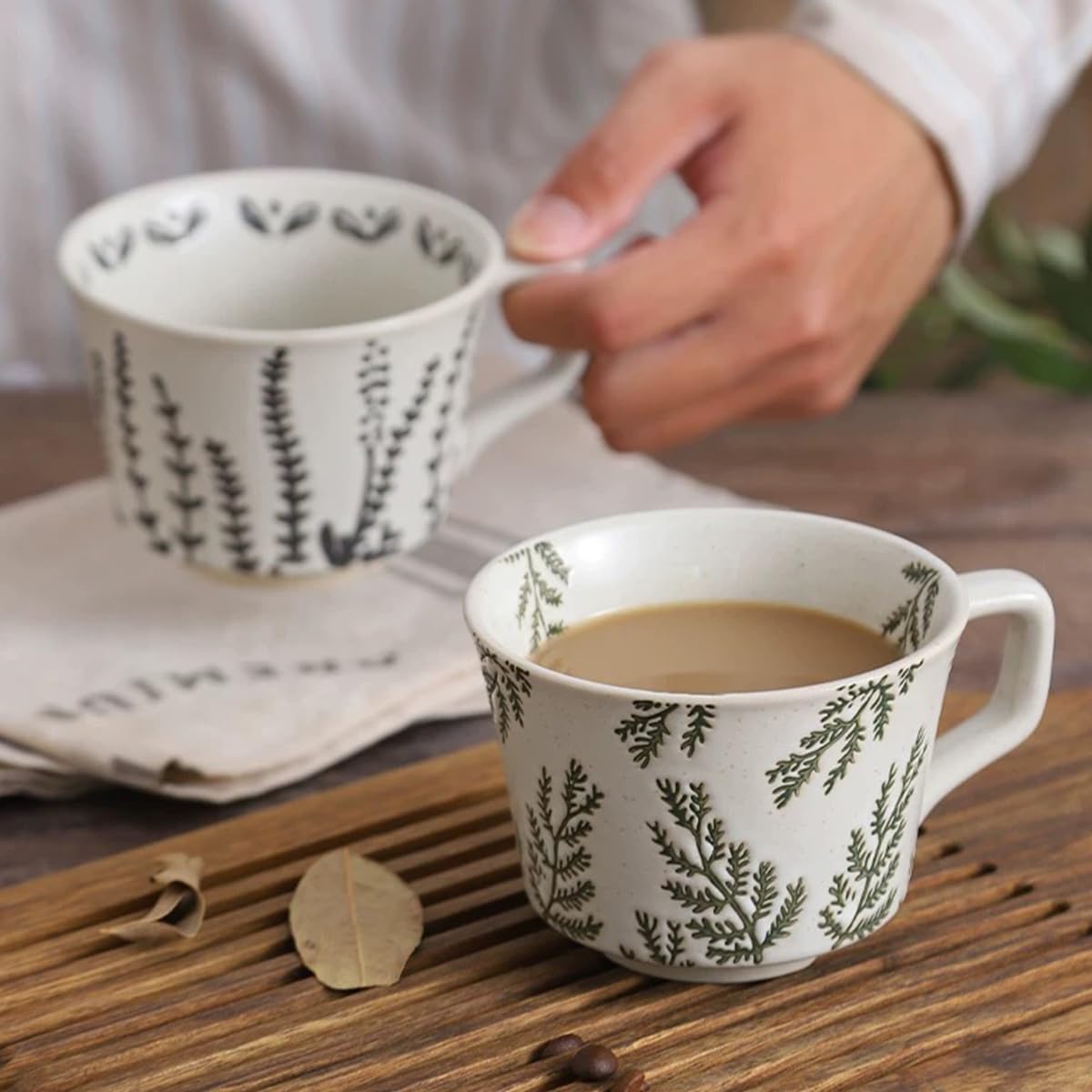 Ceramic Mug with Coffee Spoon Set of 1, 11oz - Vintage Cups Mug for Coffee Milk Latte Cappuccino Tea, Porcelain Cups Dishwasher Microwave Freezer Safe Stoneware 1 PCS Black Leaf Cup