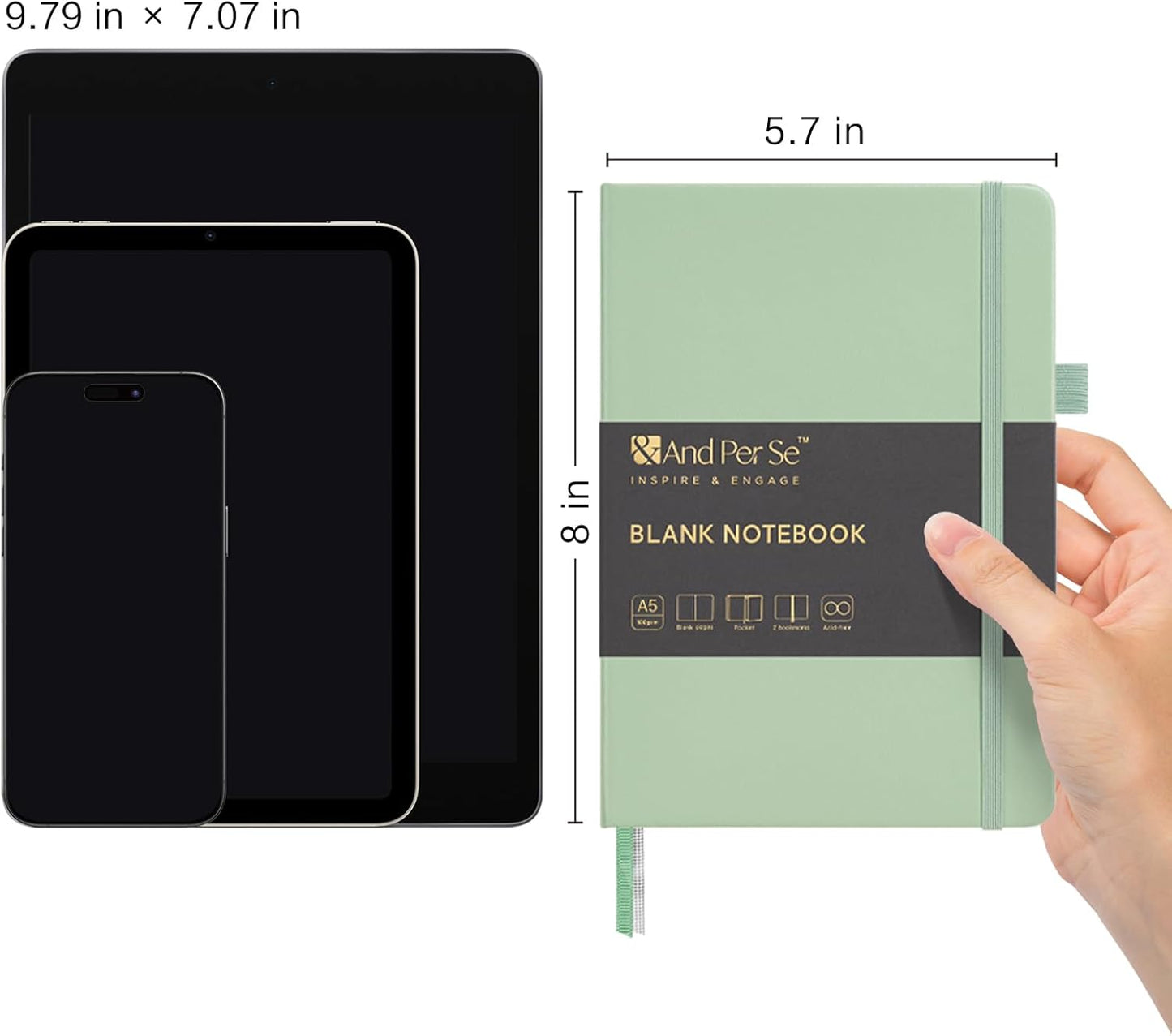 &And Per Se Blank Journal Notebook, 160 Pages, 5.7 x 8 inches College Ruled Thick Paper Notebook Journals for Writing, Hardcover Notebook(1 Pack, Light Green)