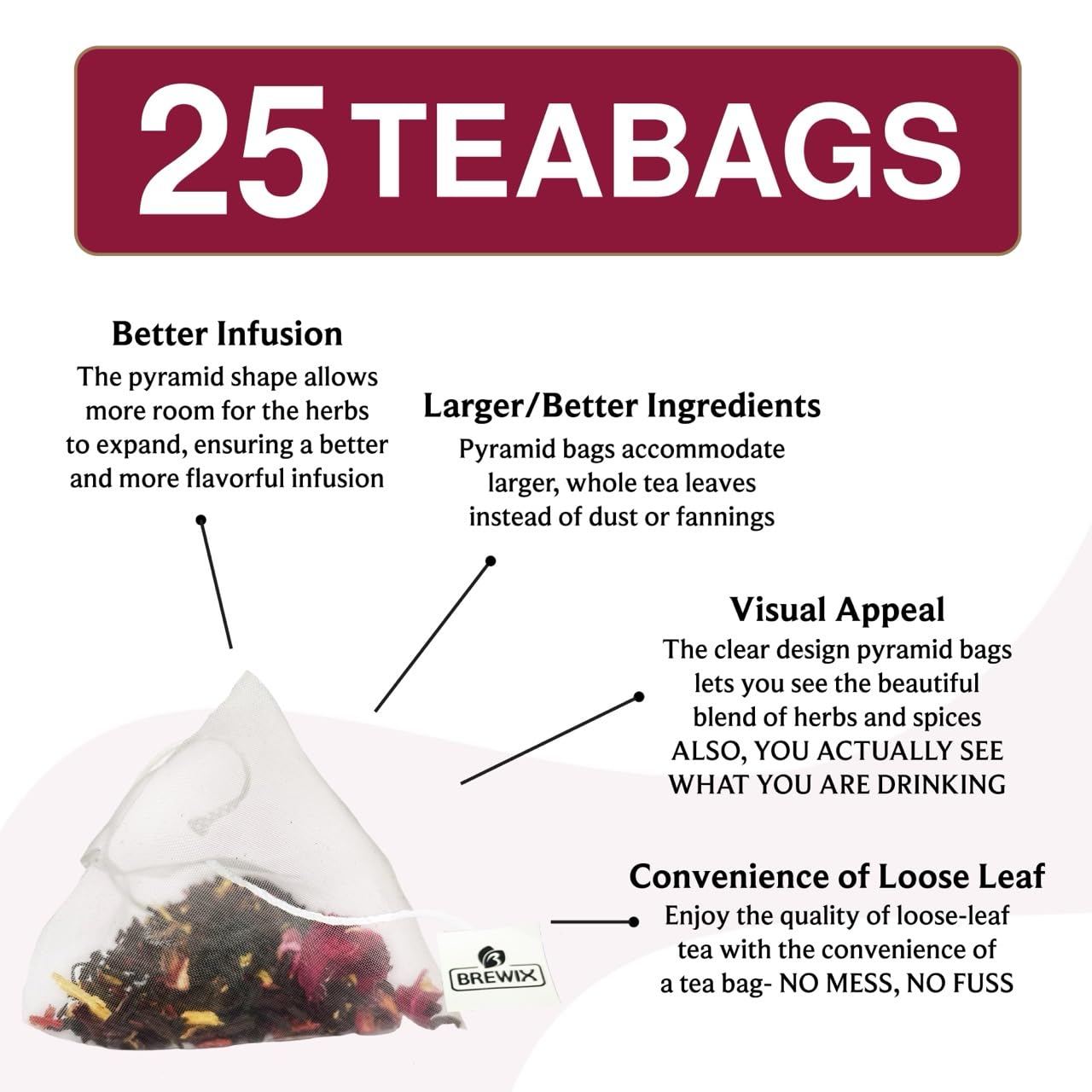 BREWIX, Hibiscus Lychee Tea Bags (25 Plant Based Tea Bags) Caffeine-Free, Made with Real - Hibiscus Flowers, Black Tea, Rosehip, Apple, Licorice, Rose | Contains Antioxidants & Support Overall Health