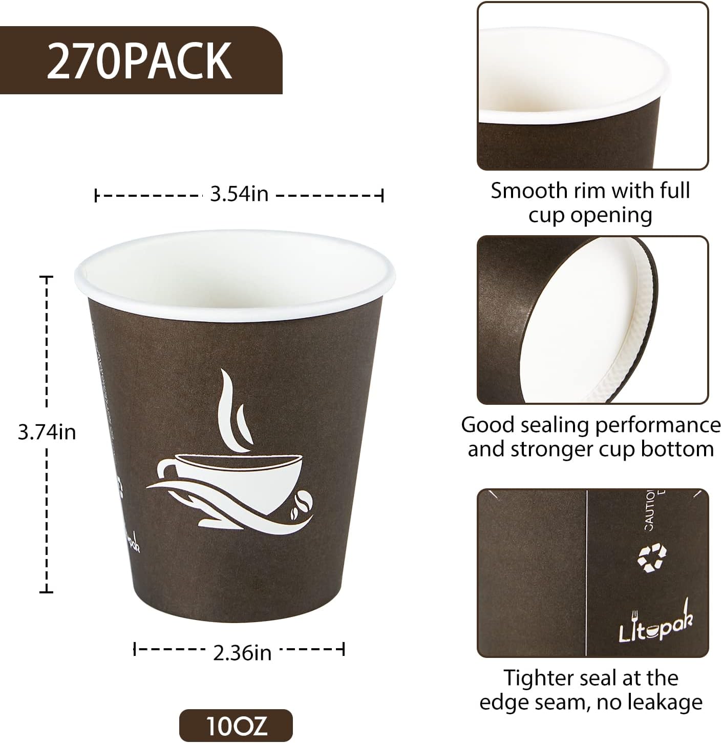 LITOPAK 270 Pack 10 oz Paper Cups, Brown Disposable Hot Coffee Cups for Party, Picnic, Travel, and Events