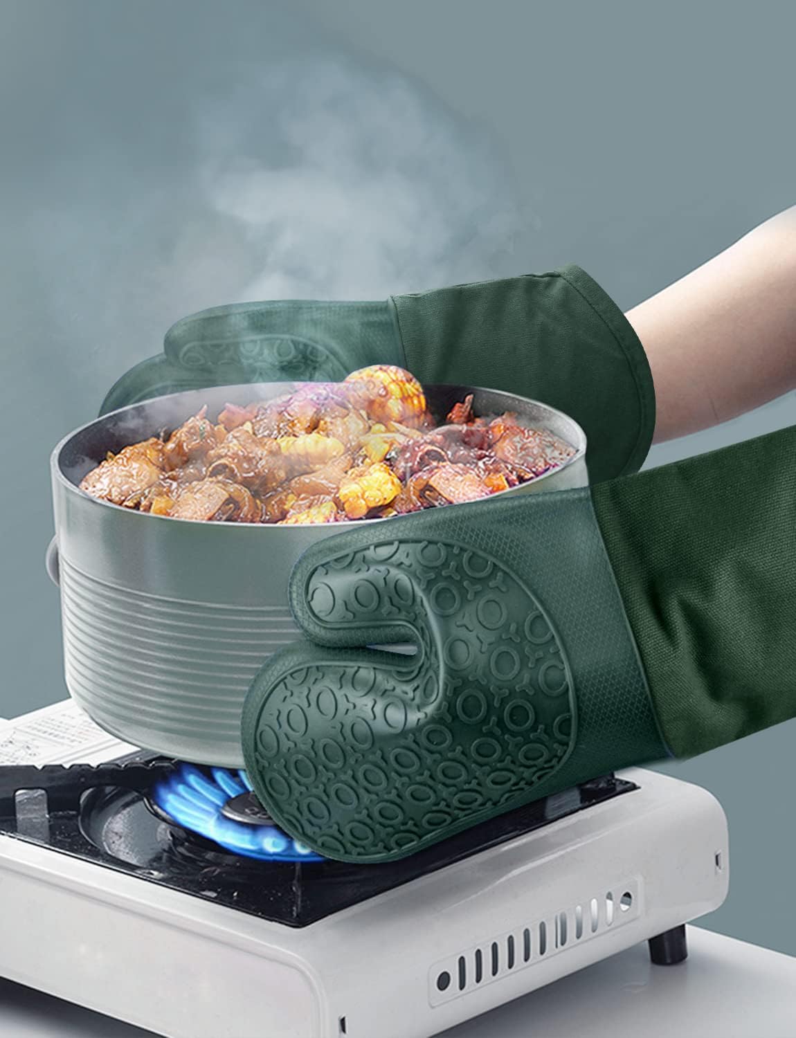 sungwoo Silicone Oven Mitts, Heat Resistant Oven Gloves with Quilted Liner Non-Slip Textured Grip Perfect for BBQ, Baking, Cooking and Grilling - 1 Pair 13.8 Inch Midnight Green