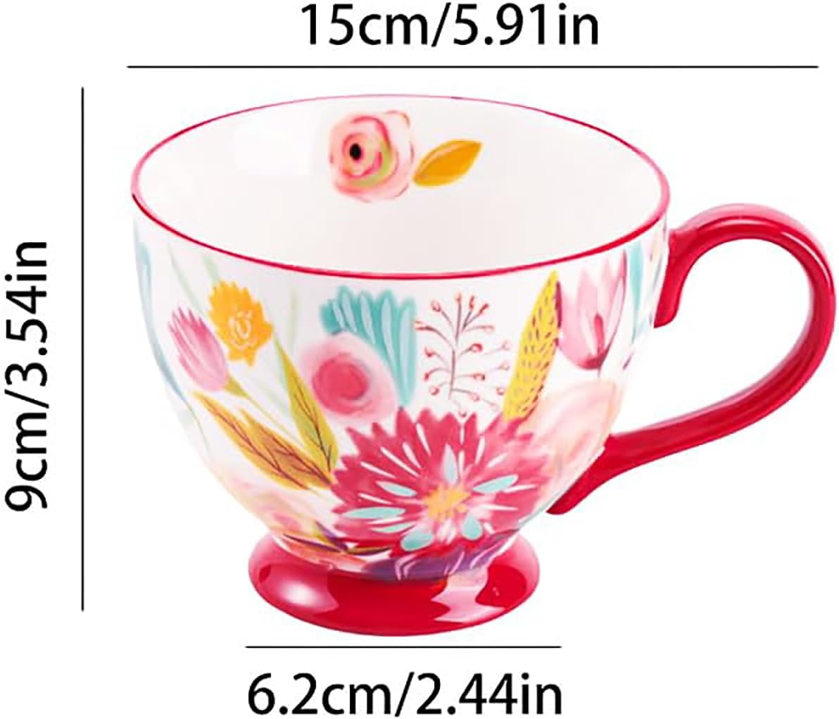 Vintage Flower Mugs – Large Ceramic Coffee Mug (15oz) – Cute Cereal Cup for Breakfast, Oatmeal Tea & Hot Drinks – Handmade Ceramic Cup with Floral Design