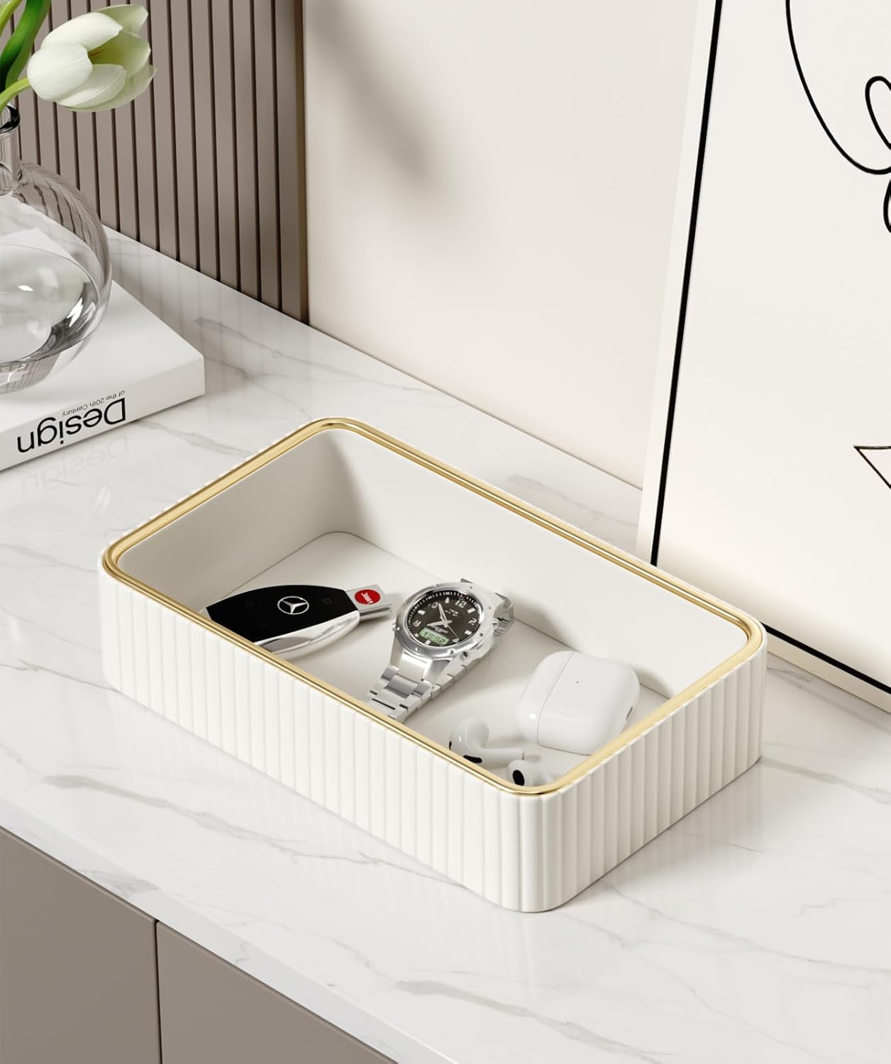 Desk Organizer Tray, PU Leather Valet Tray Nightstand Organizer Cologne Perfume Trays for Men Women, Decorative Vanity Trays Key Bowl Trinket Dish (Ivory, 9.5" x 6" x 2.2")