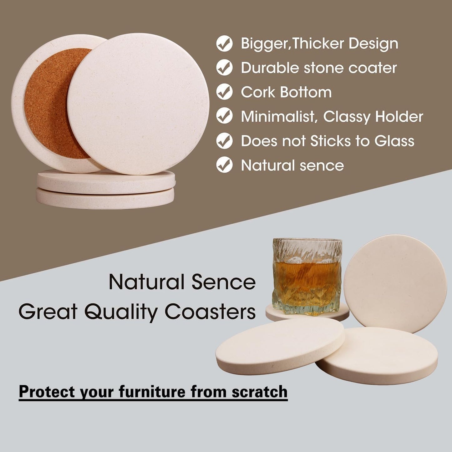 CASACOUTURE- Absorbent Stone Coasters Set of 4 - Round 4" Diameter Cream White Marble Drink Coasters for Housewarming Gift,Genuine Natural Semi