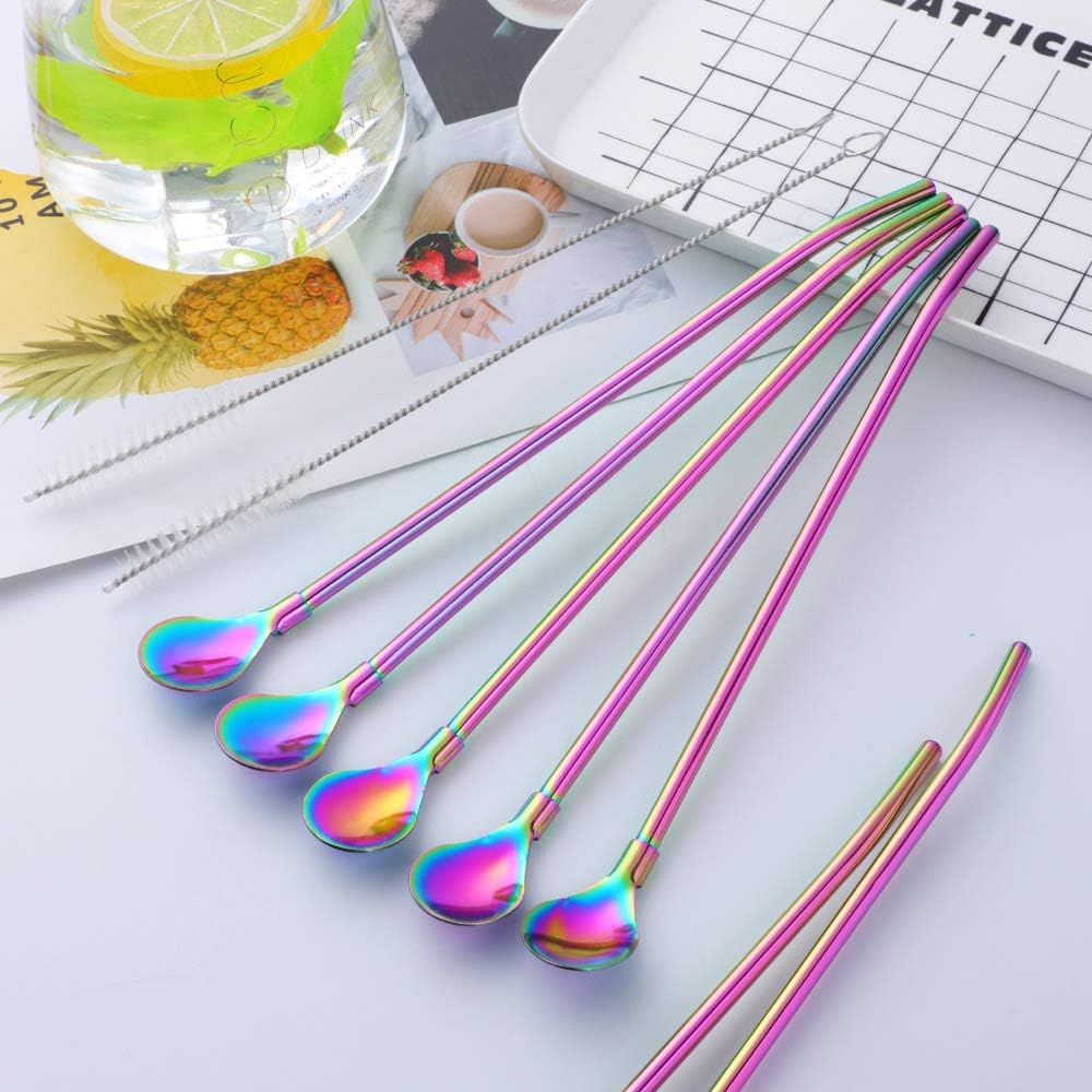 Straw Spoon, 8PCS 8.5inch Rainbow 18/8(304) Stainless Steel Metal Straws Reusable + 2 Brushes