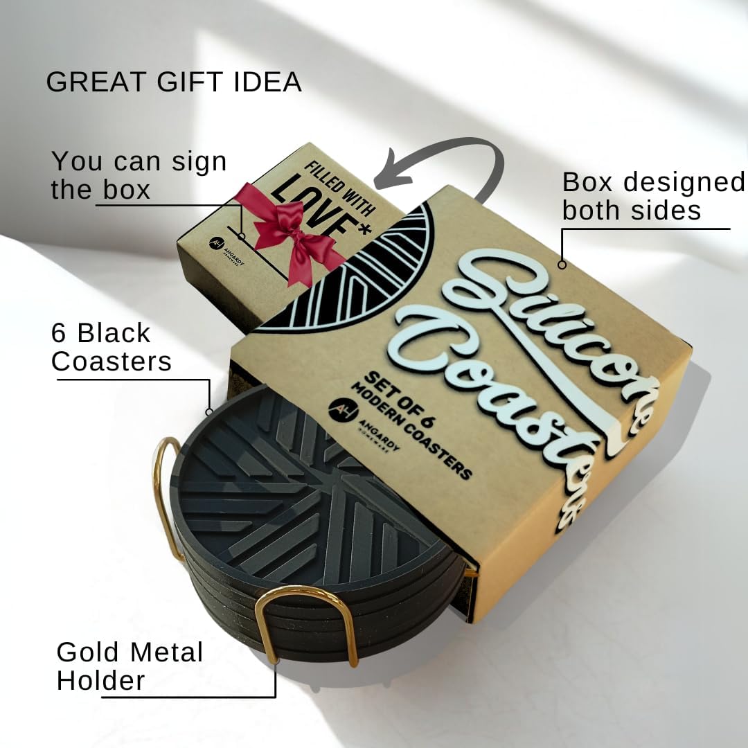 Silicone Black Coasters Set of 6 with Gold Holder - Coffee Table Decor for Home and Office, Durable and Stylish Coaster Set for Protection and Aesthetic Appeal