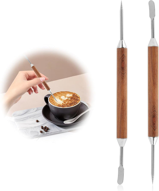 2 Pcs Latte Art Tools, Stainless Steel Coffee Pen with Wood Handle, Double-Ended Design for Precise Latte Cappuccino Macchiato Espresso Art, Suitable for Home and Cafe Barista Use