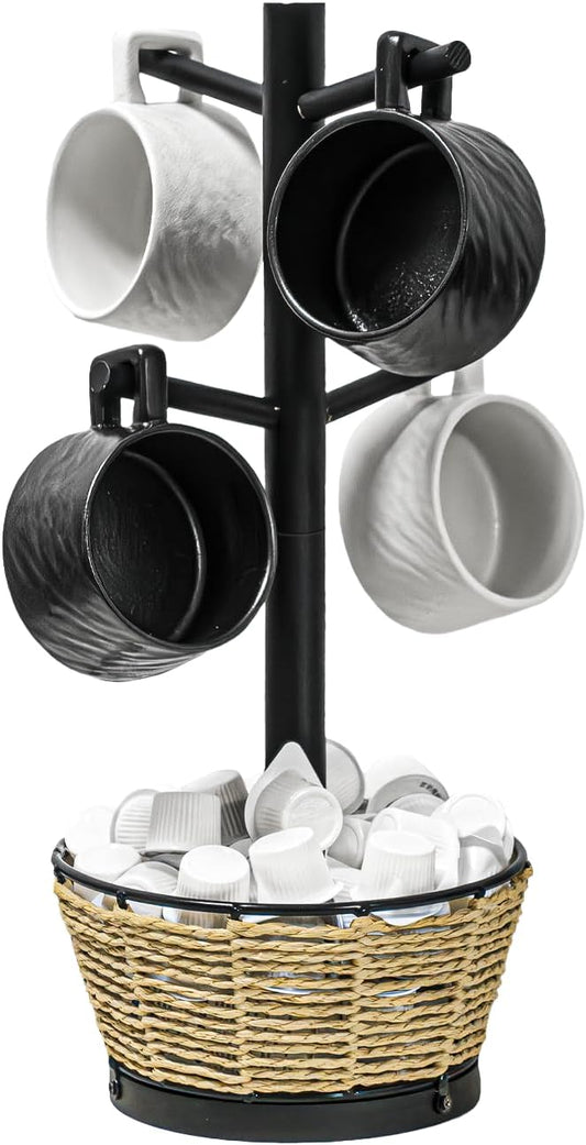 Wood Mug Holder Tree With Woven Basket, 4 Hooks Coffee Mug Holder, Countertop Mug Tree For Kitchen Counter Cabinet Coffee Bar Accessories Cup Display Organizer Hanger(Black)