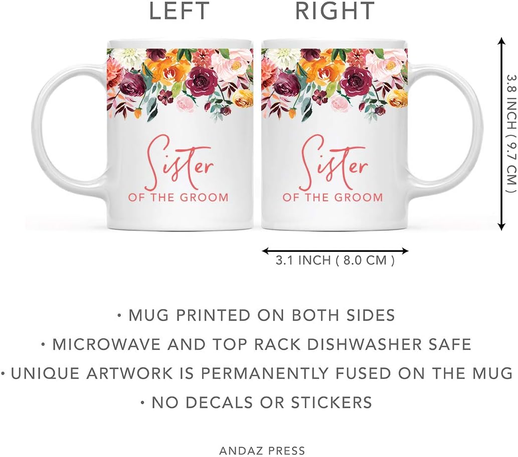 Andaz Press 11oz. Wedding Ceramic Coffee Tea Mug Gift, Fall Autumn Burgundy Orange Peach Flowers Roses Florals, Sister of the Groom, 1-Pack, Includes Gift Box