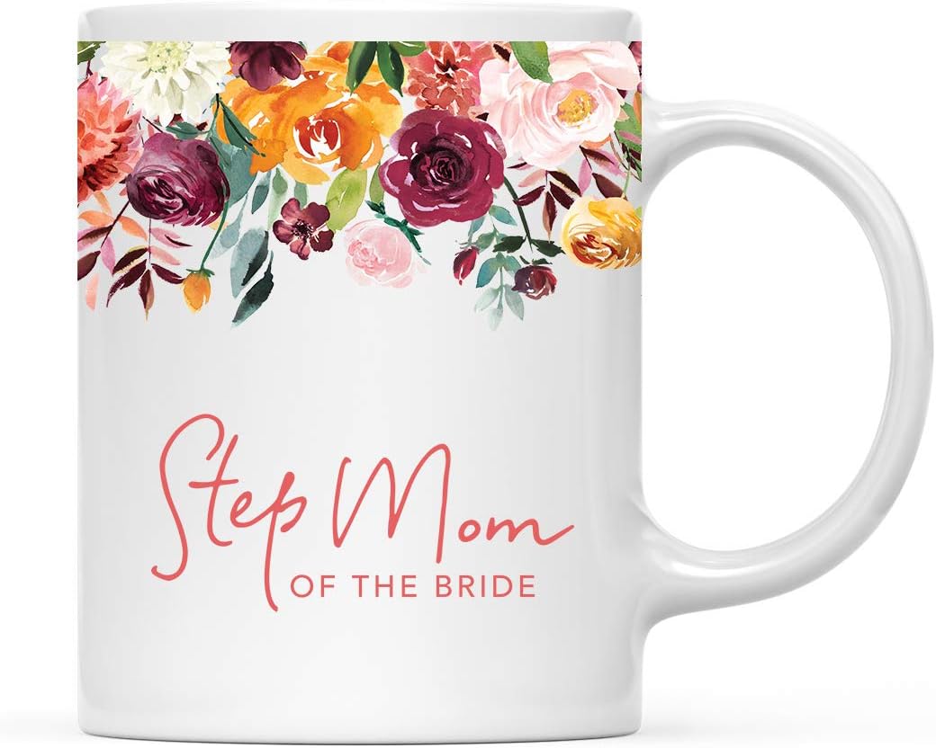 Andaz Press 11oz. Wedding Ceramic Coffee Tea Mug Gift, Fall Autumn Burgundy Orange Peach Flowers Roses Florals, Step Mom of the Bride, 1-Pack, Includes Gift Box