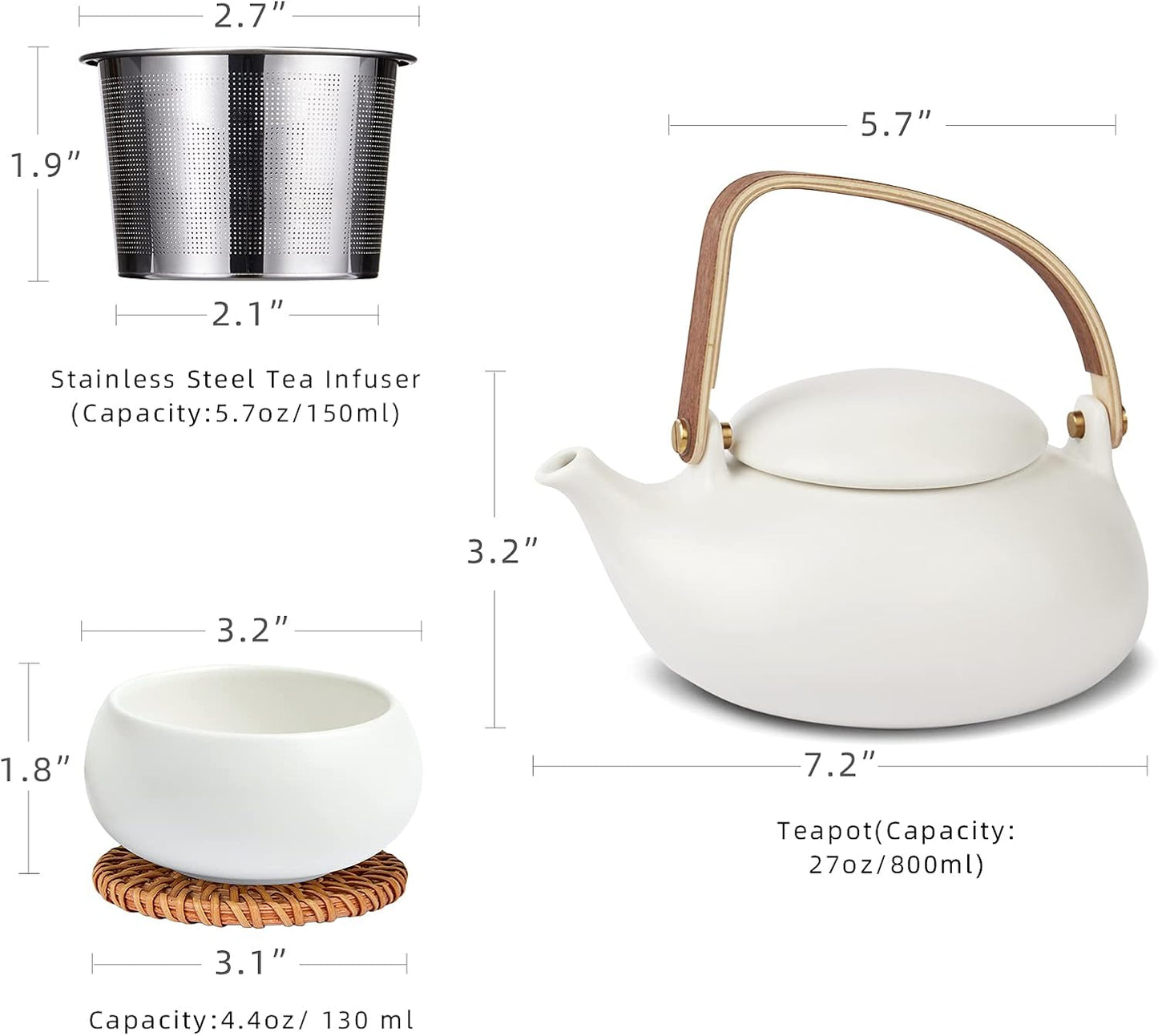 ZENS Modern Japanese Tea Set, 27 oz Ceramic Japanese Teapot with Fine Stainers and 4 Cups for Loose Leaf Tea Steeper, Wood Handle Matte Japanese Teapots Hot Tea Brewer for Tea Party Women Gifts