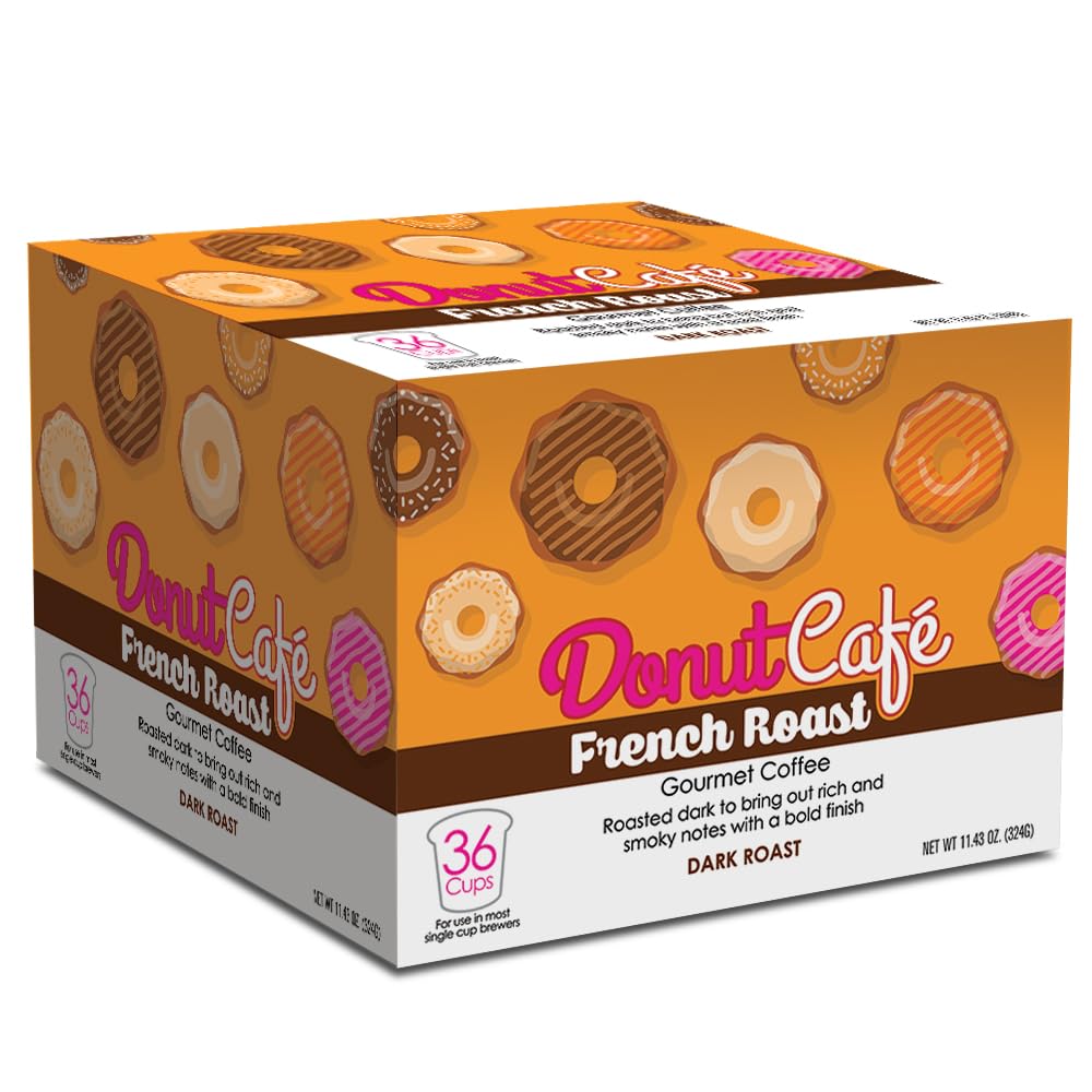 Donut Café – Gourmet Single Serve Coffee Pods for Keurig K-Cup Brewers, Dark Roast, 100% Arabica, Non-GMO & Gluten Free, French Roast Blend, 36 Count
