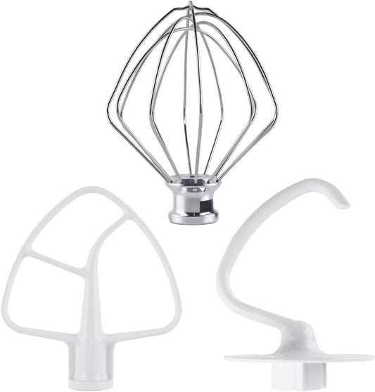 3-Piece Kit Attachments for KitchenAid Tilt-Head Stand Mixer, Accessories Stainless Steel K45WW Wire Whip, K45DH Dough Hook and K45B Coated Flat Blade Paddle with Scraper