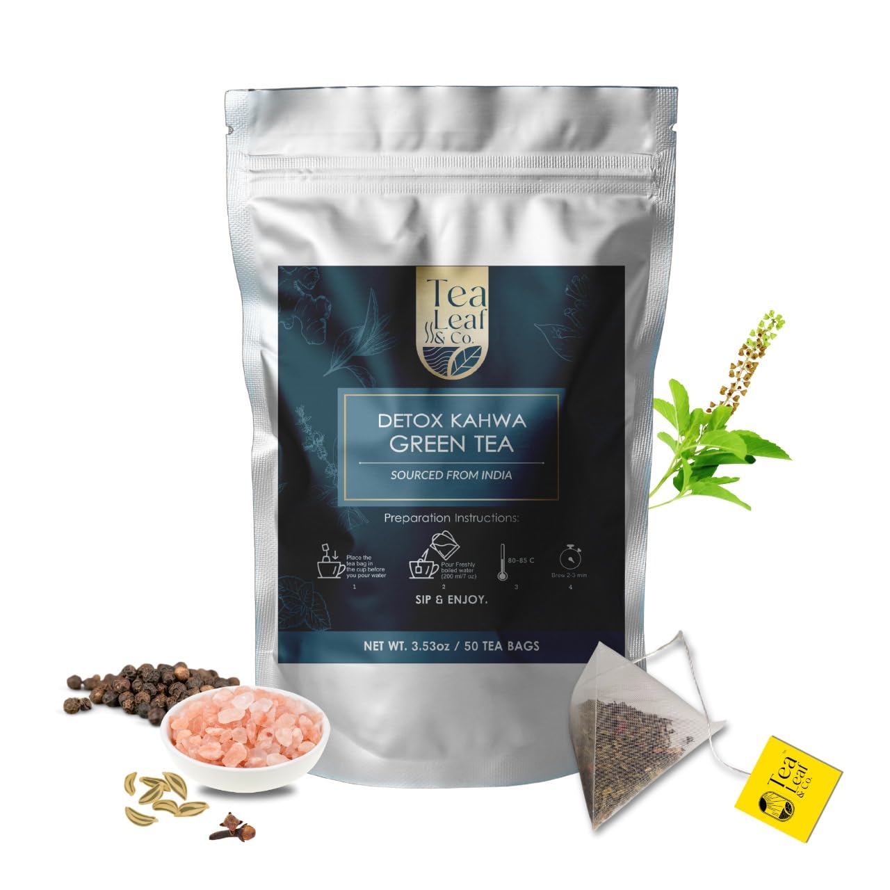 Tea Leaf & Co. Detox Kahwa Green Tea Bags (50 Count), Green Tea with Ginger, Tulsi & Rock Salt, Caffeinated, Natural Green Tea, Blended with Fresh Herbs and Spices, Gluten Free