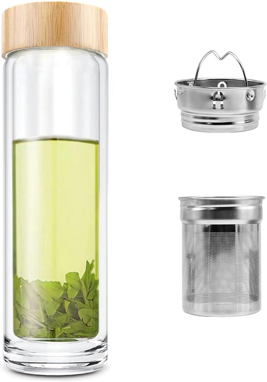 COMI Tea Bottle, 14 oz, Borosilicate Glass, Double Wall, Infuser & Strainer, Bamboo Lid, 400ml