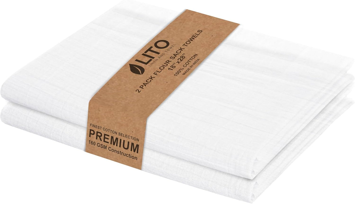 LITO LINEN AND TOWEL Flour Sack Towels - 100% Cotton Tea Towels for Crafts, Dish Towels for Kitchen, Embroidery, Cleaning, Baking (Pack of 2) - 18"x 28"
