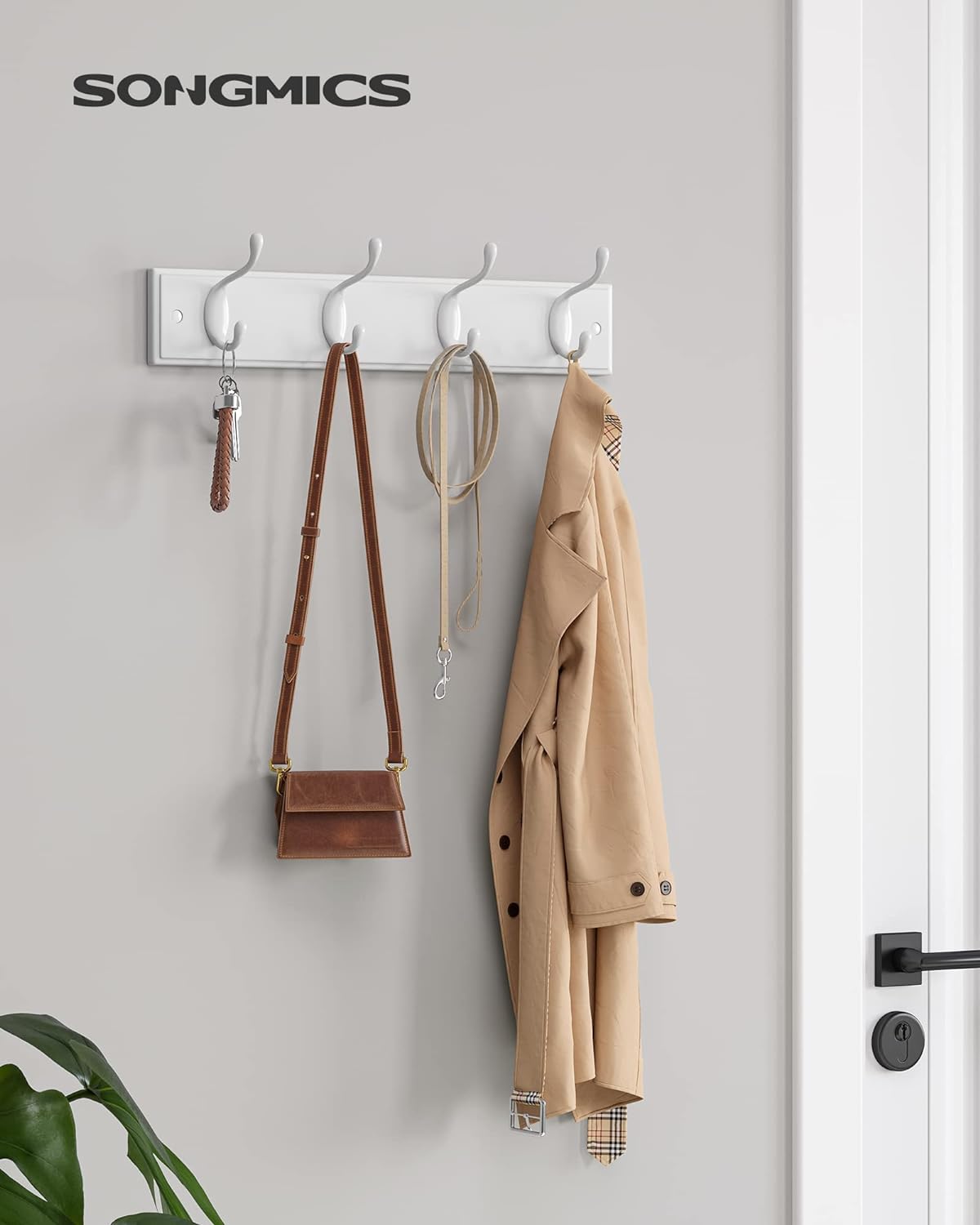 SONGMICS Wall-Mounted Coat Rack, Hook Rack, 4 Dual Metal Hooks, for Coats, Bags, Keys, in the Entryway, Bedroom, Living Room, White ULHR23WT