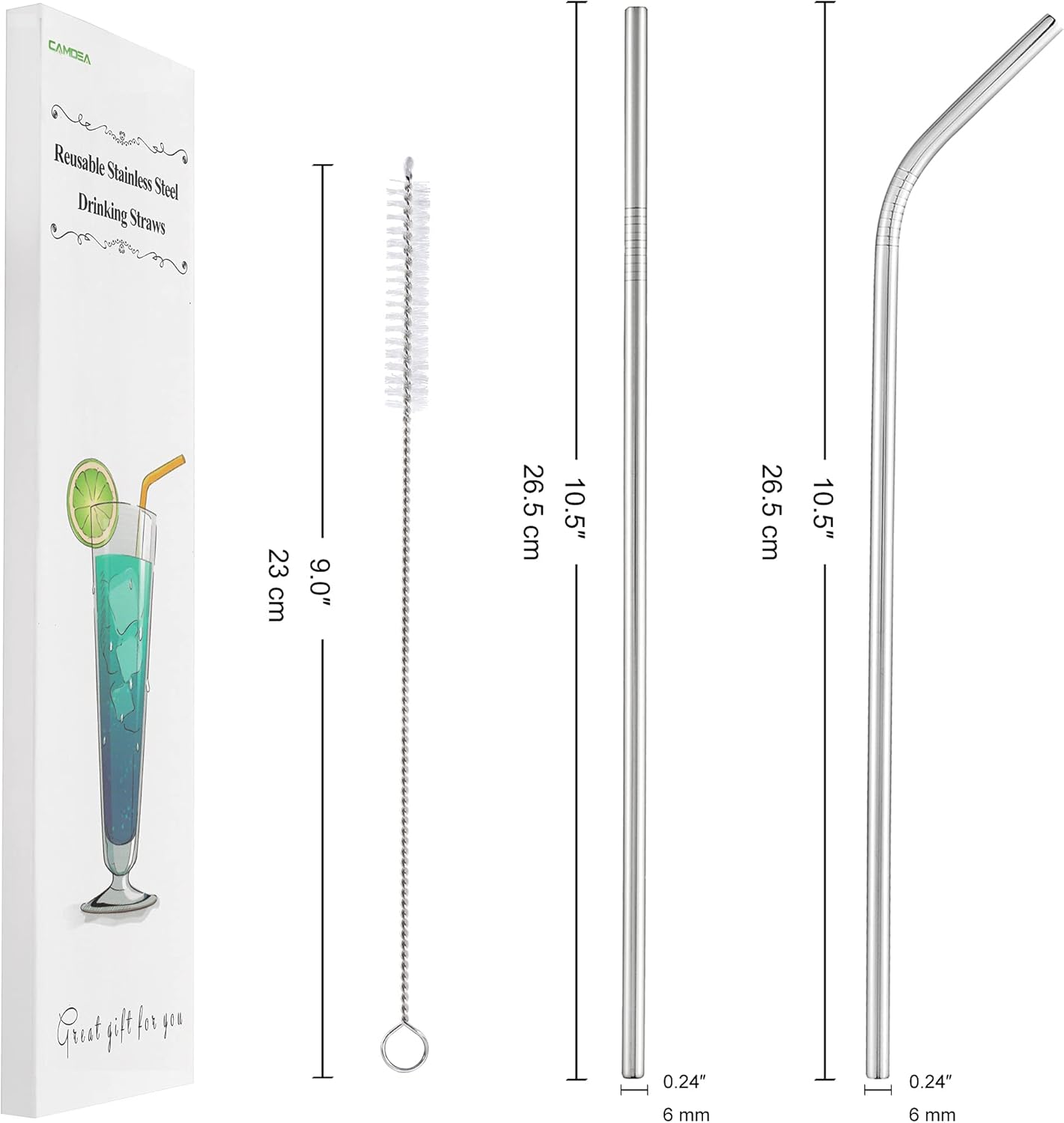 Set of 4 Reusable Metal Straws, Long Stainless Steel Straw with Cleaning Brushes and Case, Drinking for 30 oz and 20 oz Tumblers.