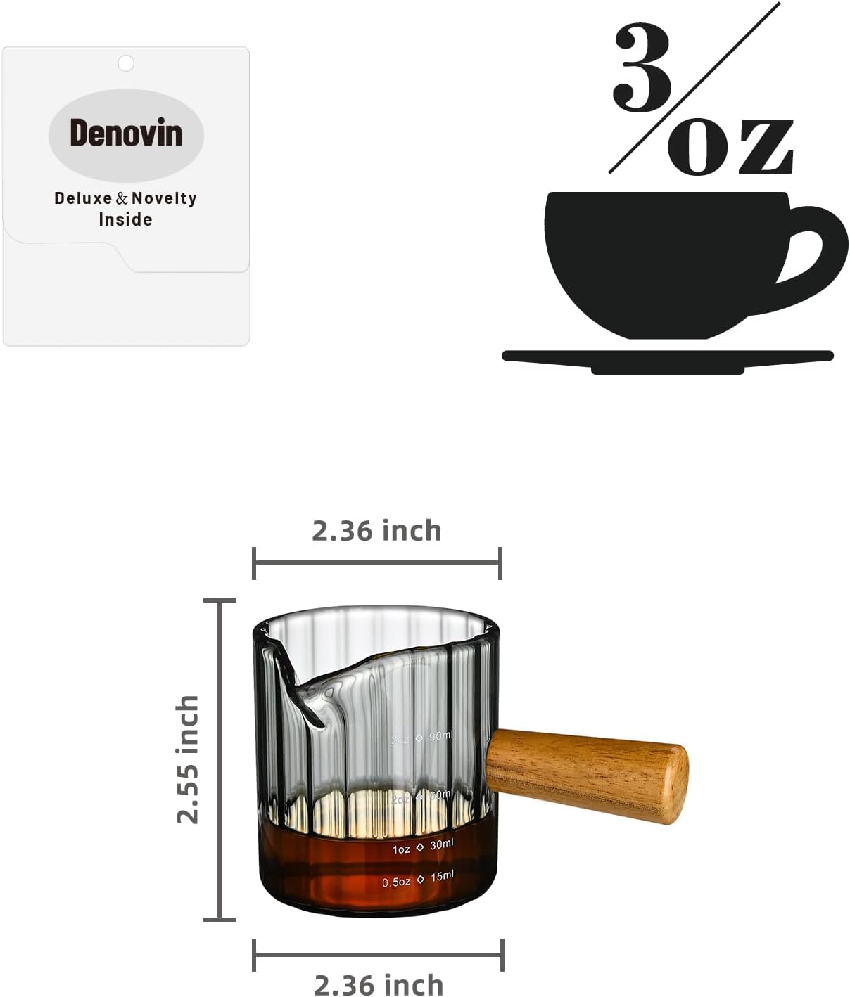 Glass Measuring Cup, 3oz Espresso Shot Glass with Wood Handle, Single Spout Measuring Cups Pitcher Milk Cup Coffee Shot Glasses (Gray Ribbed)