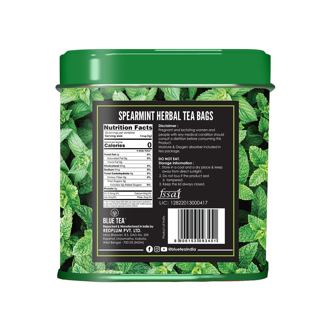 BLUE TEA - Spearmint Tea - 30 Count - Pyramid Plant Based Tea Bag | PCOS RELIEF | Balances Hormones - Support Digestion | Refreshing Cool Minty Flavour - Herbal Tea - Leaf Based - Caffeine free | Ziplock Pouch