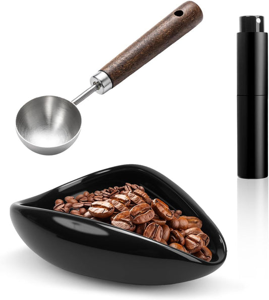 Coffee Dosing Cup Set, Ceramic Espresso Dosing Cup, 10ml Coffee Spray Bottle, 15ml 304 Stainless Steel Measuring Spoon with Wooden Handle
