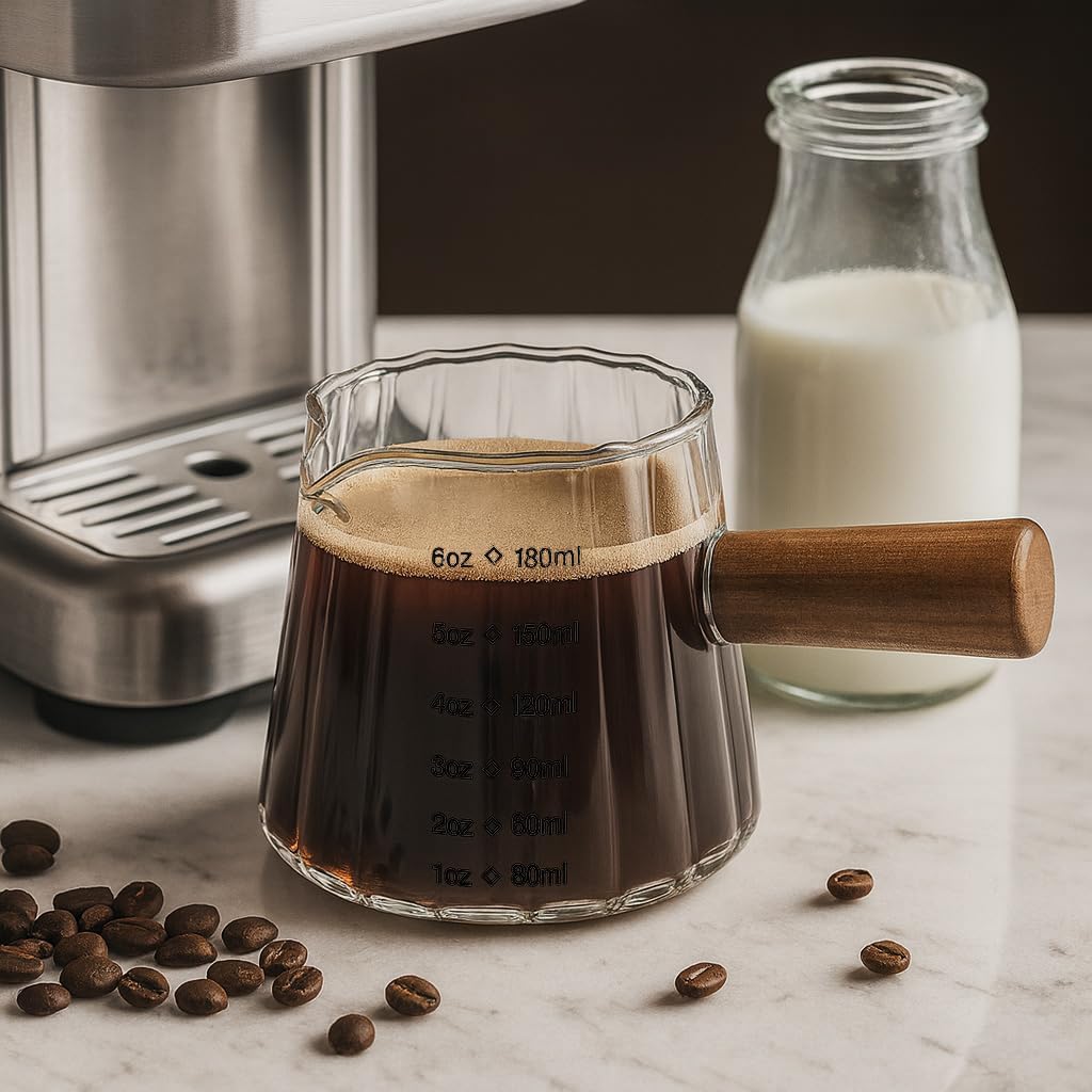 Espresso Cups 6oz/180ml Measuring Cups Glass Espresso Shot Cups Ribbed Espresso Shot Glass with Wooden Handle,Coffee Bar Accessories Milk Frothing Pitcher