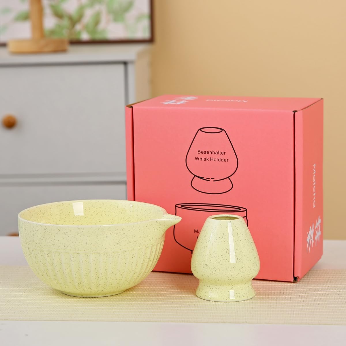 Matcha Tea Set, Glazed Ceramic Bowl and Whisk Holder, Light Yellow, 2-Piece
