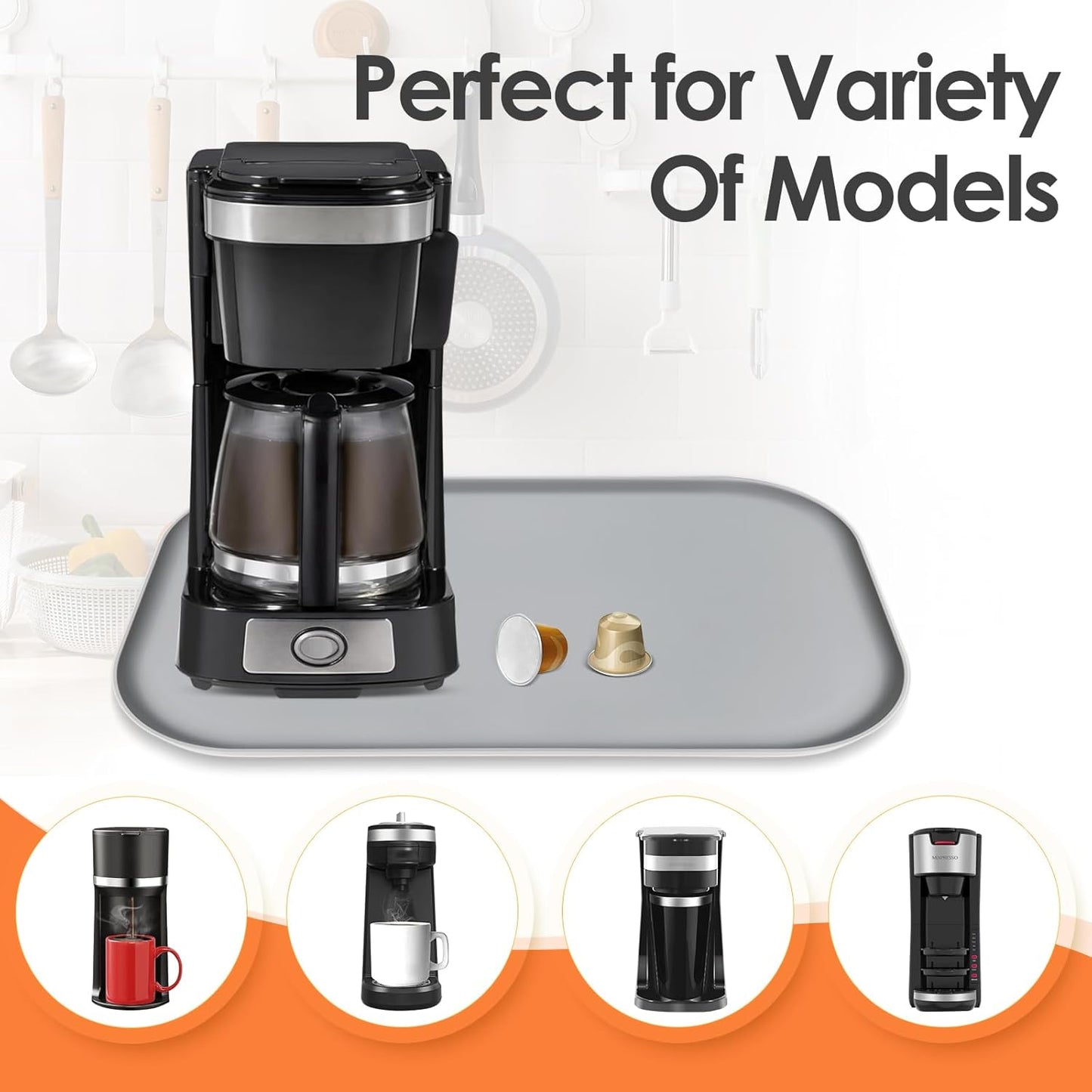 TOHONFOO Silicone Coffee Maker Mat with Lip, 17.4'' x 10.6'' Heavy Duty Coffee Maker Mat for Countertops, Coffee Tray Fit Under Coffee Machine Appliance Automatic Machines Espresso Accessory, Grey