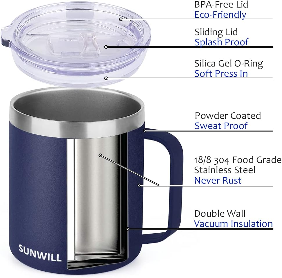 SUNWILL Travel Coffee Mugs Set of 4, Insulated Tumbler with Lid, 14oz Stainless Steel Cup with Handle Bulk for Gift, Camping, Office, Powder Coated Navy Blue