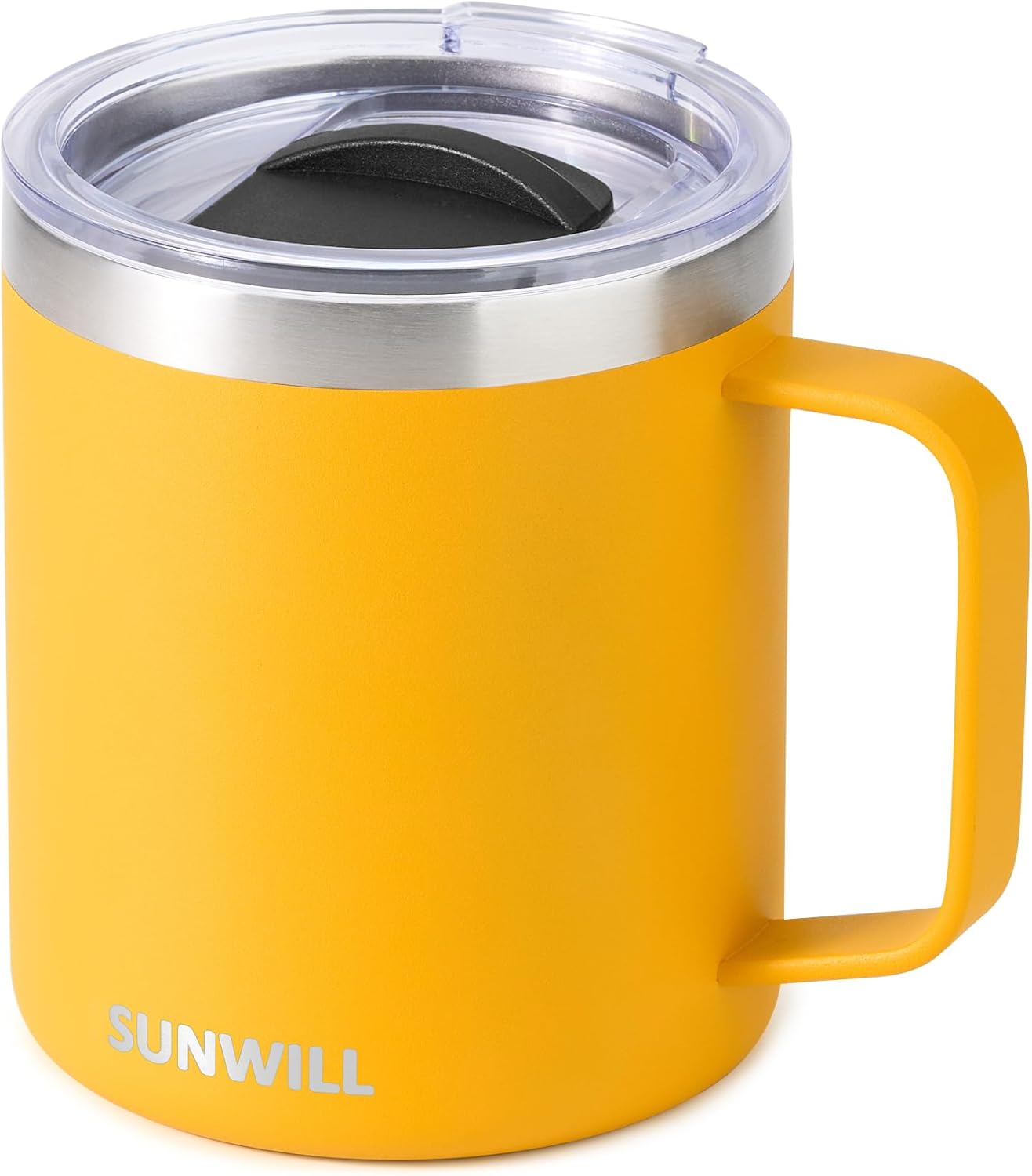 SUNWILL Insulated Coffee Mug with Lid, Travel Tumbler with Handle, 14 oz Stainless Steel Cup for Camping, Office, Home, Powder Coated Yellow