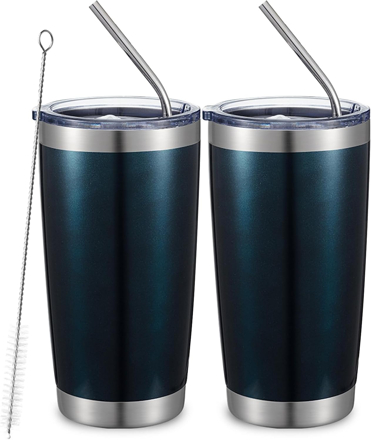 COMOOO 20oz Double Wall Vacuum Insulated Travel Mug, Stainless Steel Tumbler with Lid and Straw Durable Powder Coated Insulated Coffee Cup for Cold & Hot Drinks (Peacock Blue. 2 pack