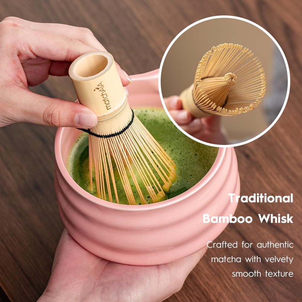 6 Pcs Matcha Set - Ceramic Bowl with Spout, Matcha Whisk with Holder, Tea Powder Canister, Sifter and Spoon, Complete Kit for Traditional Matcha, Modern Lattes, and Tea Ceremonies (Pink)