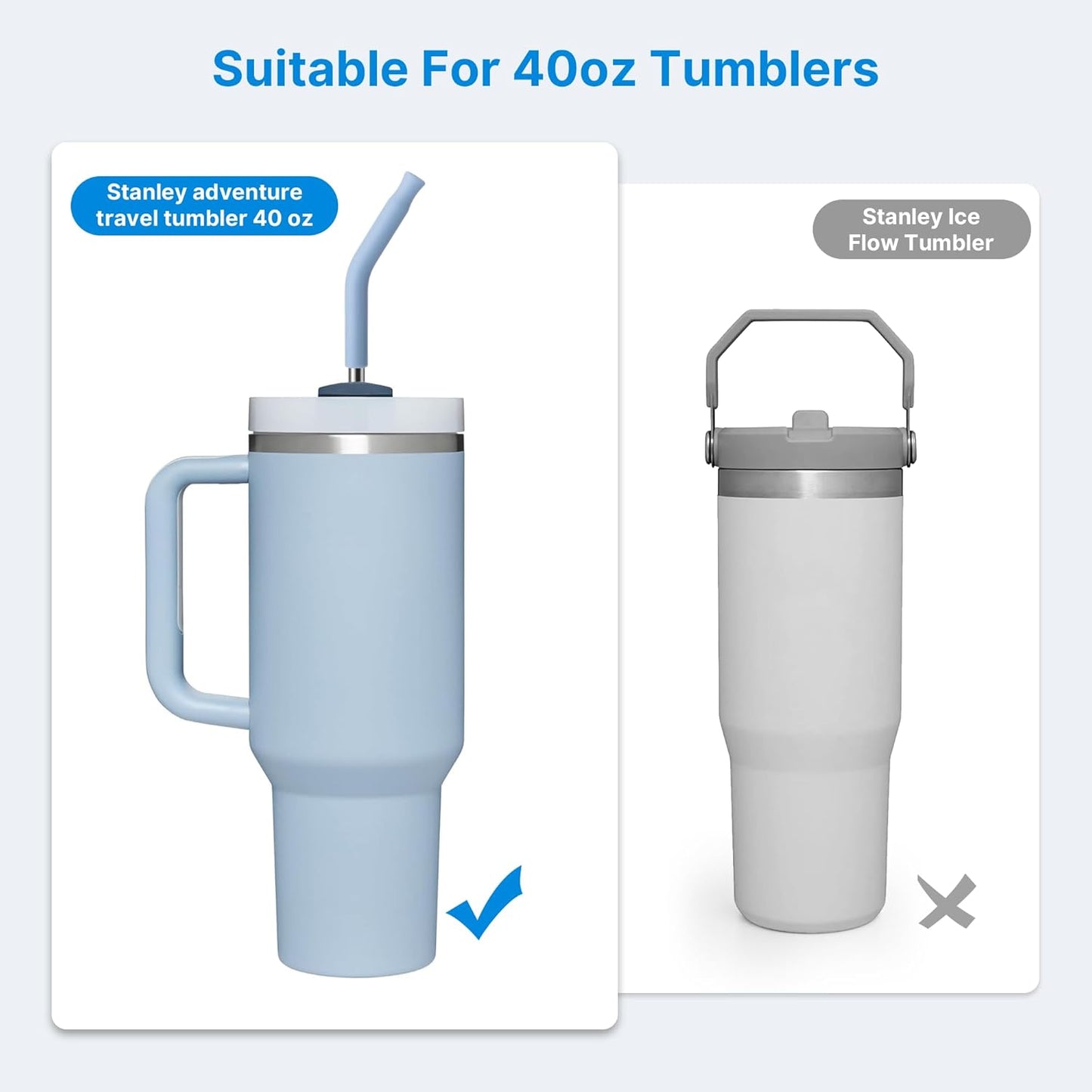 2 Pcs Stainless Steel Straws for 40 oz Stanley Tumbler, Replacement 40 oz Stanley Cup Straw Accessories with Silicone Tips and Cleaning Brush (Light Blue)