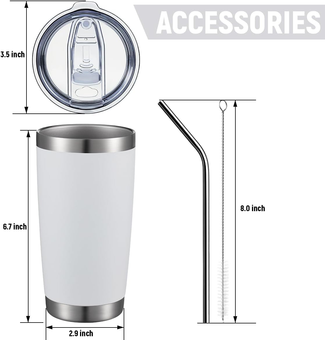 COMOOO 20oz Tumbler with Straw Stainless Steel Insulated Coffee Tumbler Cups Thermal Double Wall Vacuum Travel Coffee Mug with Splash Proof Sliding Lid for Home, Office, School (White, 1 Pack)