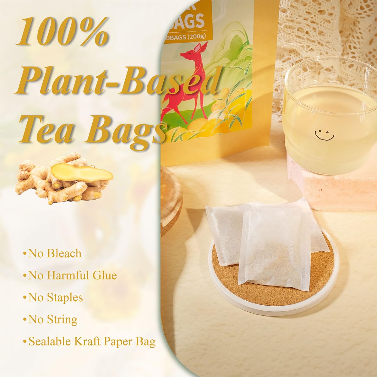 WT WEETEE Ginger Tea Bags, 100 Count Pure Ginger Root Tea, Warm & Spicy, Natural Caffeine Free Herbal Tea, No Spices & Flavors