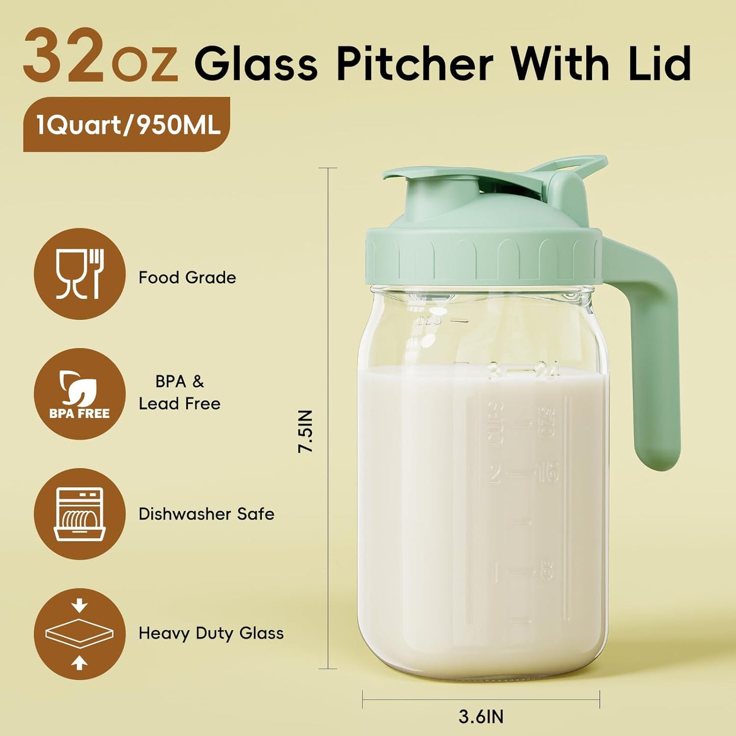 Breast Milk Pitcher Jug - 32 oz Glass Mason Jar Airtight Pitcher with Pour Spout Handle for Breastmilk, Iced Tea, Ice Drinks Storage Container（Green）