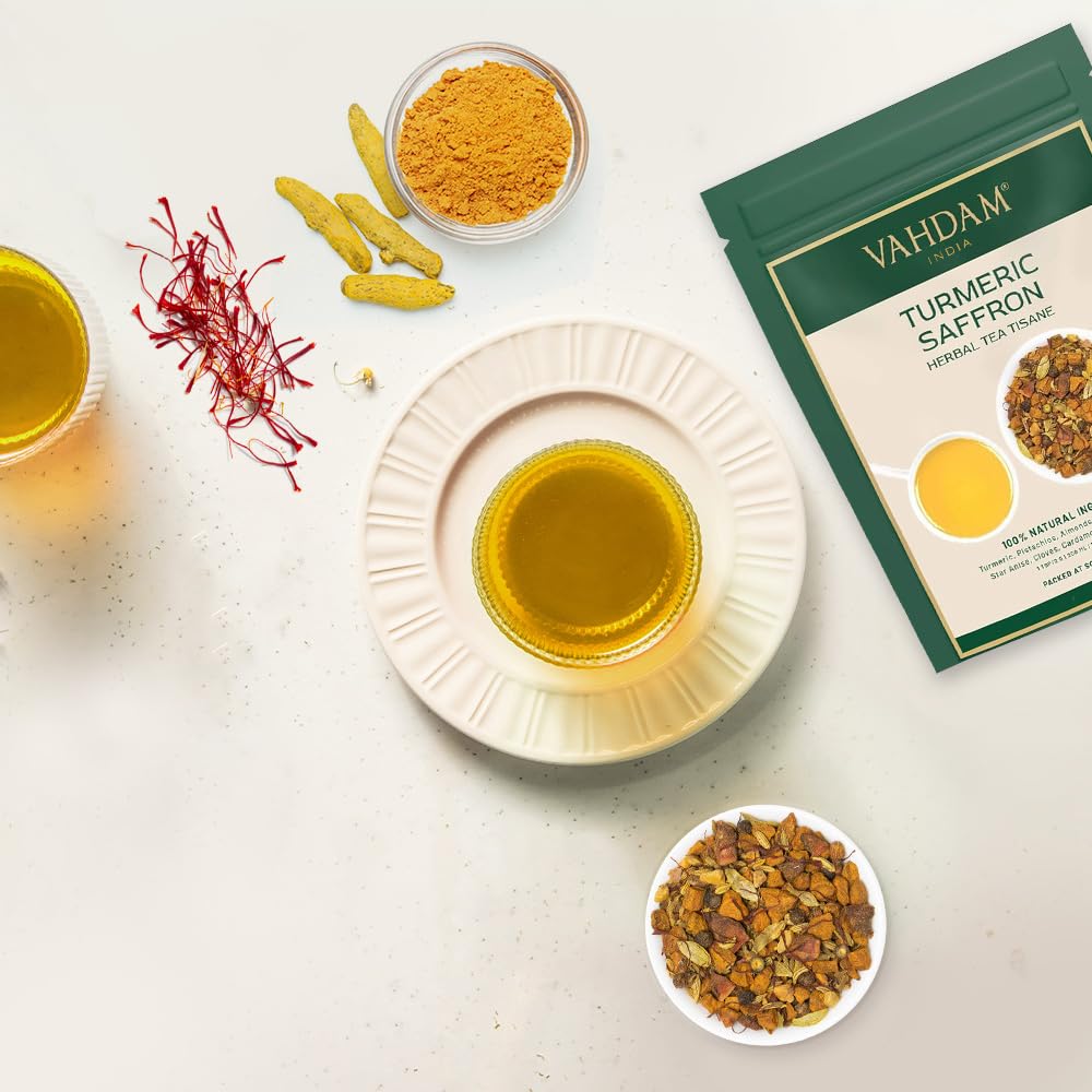 VAHDAM, Turmeric Saffron Herbal Tea Loose Leaf 100g (50 Cups, 3.5oz) Blend Of Turmeric Tea, Saffron Tea & Fresh Spices | Whole Loose-Leaf Tisane | Vacuum Sealed for Freshness