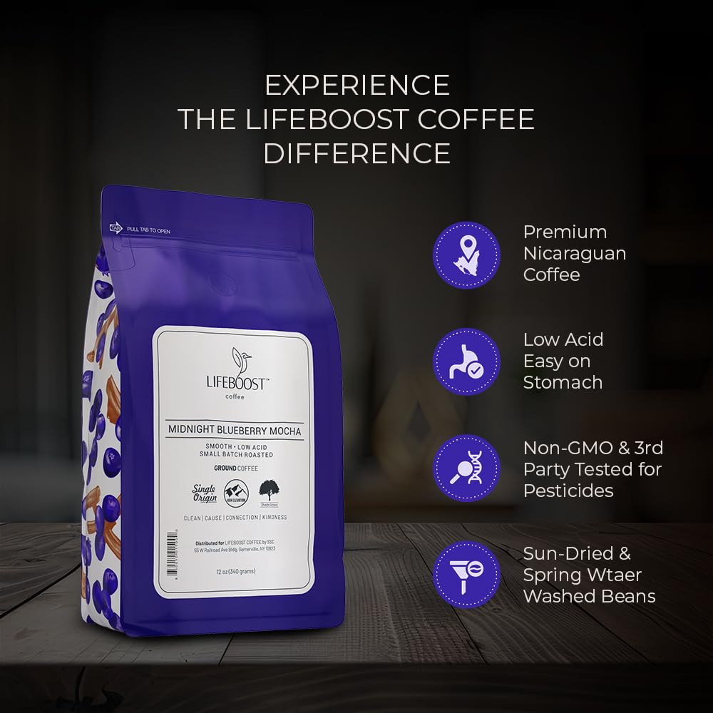 Lifeboost Midnight Blueberry Mocha Ground Coffee - Low Acid Single Origin Coffee - Non-GMO Wild Blueberry Coffee Grounds Third Party Tested For Mycotoxins & Pesticides - 12 Ounces