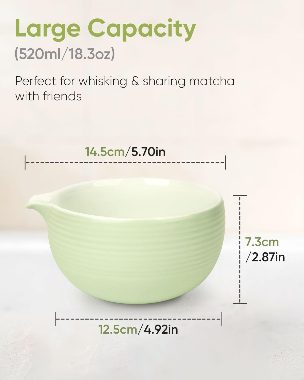 Traditional Matcha Bowl with Spout, Ceramic Matcha Tea Bowl (Chawan), Matcha Mixing Bowl for Whisking Matcha, Light Green (18 Ounce)