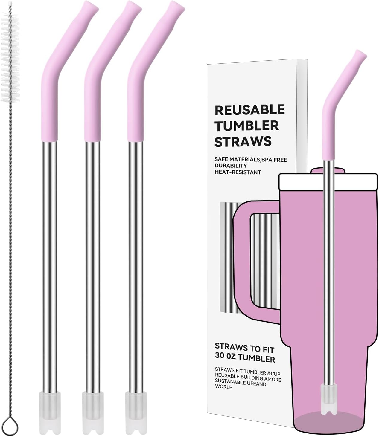 Reusable Metal Straws with Silicone Tip for Stanley 30oz,Stainless Steel Drinking Straws for 30oz Tumbler,3 Straight Tubes & 6 Tips& 1 Cleanr Brush (Lilac)