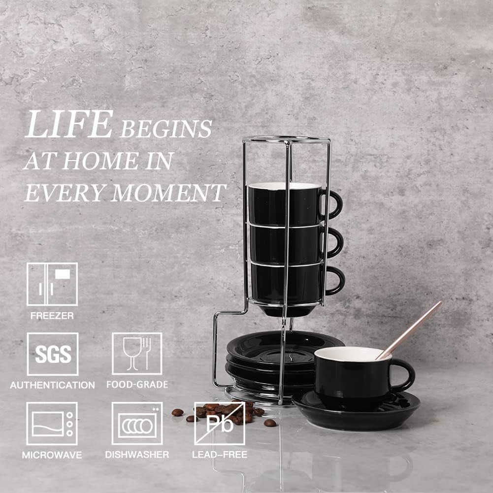 Sweejar Porcelain Espresso Cups with Saucers, 2.5 Ounce Stackable Cappuccino Cups with Metal Stand for Coffee Drinks, Latte, Tea - Set of 4 (Black)