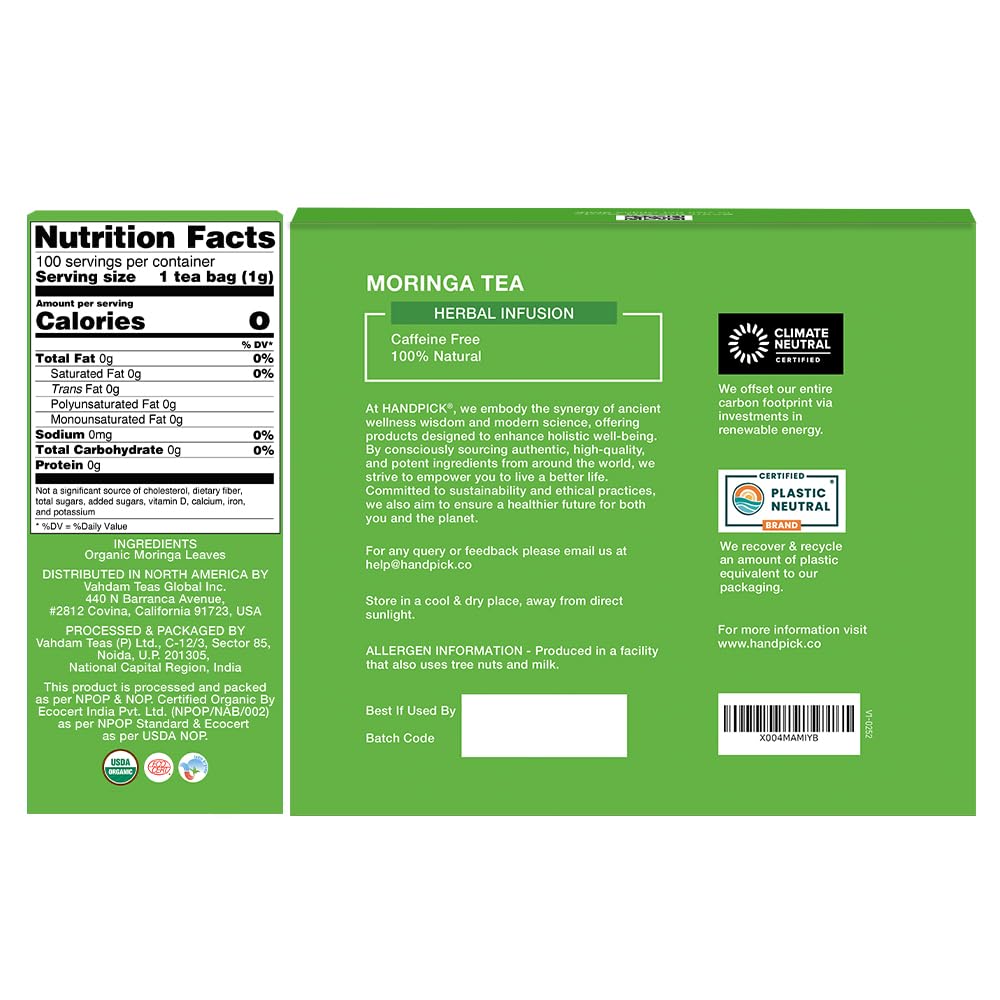 HANDPICK, Organic Moringa Tea Bags (100 Count), Pure Moringa Leaves | Authentic Indian Origin | Caffeine Free, Non GMO | Earthy, Light & Refreshing | Round Eco-conscious Teabags